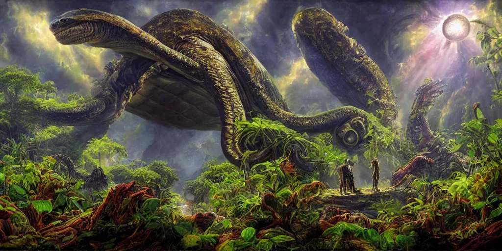 Image similar to fantasy oil painting, alien spacecraft, outer worlds, great leviathan, turtle cephalopod terrapin reptilian pachyderm amphibian hybrid, rainforest mountains, lush plants flowers, epic natural light, bright clouds, luminous sky, bright cinematic key lighting, michael cheval, michael whelan, vray, 8 k hd