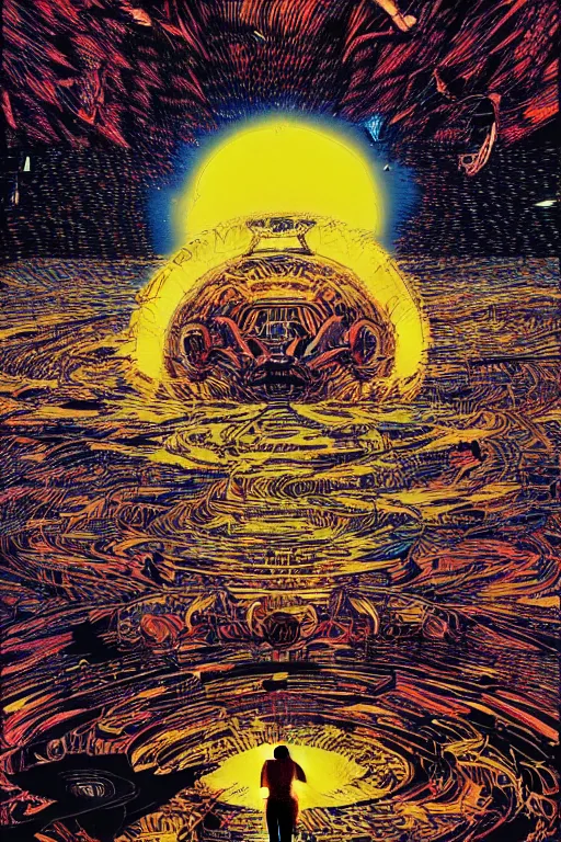 Prompt: a painting of a blazing geometric sun above a techno sentinel, detailed, 4 k, by stanley donwood philippe druillet and victo ngai,
