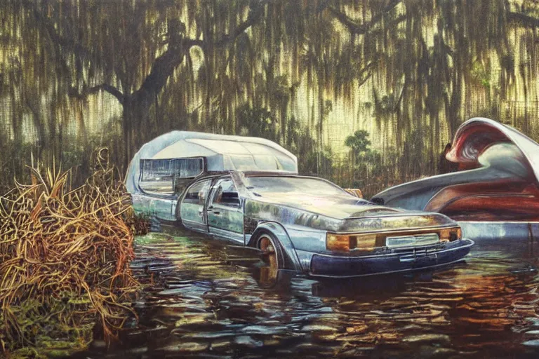 Prompt: hyperrealism oil painting, scene from louisiana swamps, spaceship sank, hemp garden, true detective, artwork 8 0 s japanese sci - fi books art