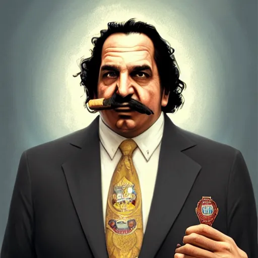 Prompt: handsome Ron Jeremy as President of United States of America as GTA character smoking a cigar, sci-fi fantasy, closeup, D&D, intricate, elegant, highly detailed, digital painting, artstation, concept art, matte, sharp focus, illustration, art by Artgerm and Greg Rutkowski and Alphonse Mucha