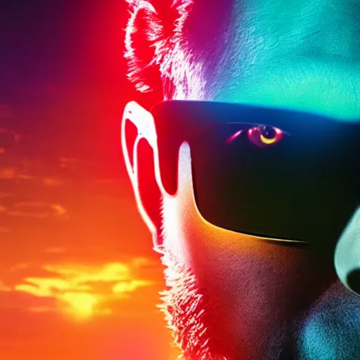 Prompt: still of an artwork with a portrait photo of a bear wearing sunglasses, black background, neon style lighting in the movie Blade Runner 2049, HD, synthwave, highly detailed