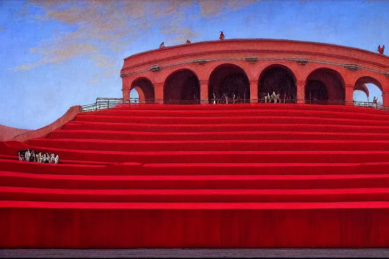 Image similar to only with red, a red great emperor, taormina amphitheatre, crowd with big smile, in the style of beksinski, parts by edward hopper, parts by rodcenko, parts by yue minjun, intricate and epic composition, red by caravaggio, insanely quality, highly detailed, masterpiece, red light, artstation, 4 k