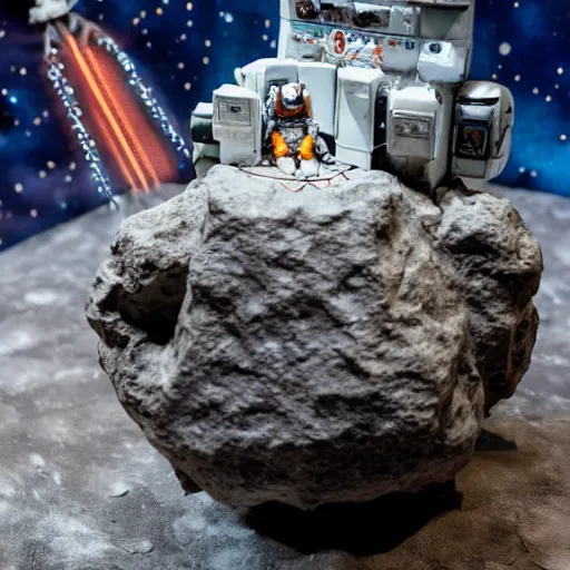 Image similar to a space admiral tethered to an asteroid, with spaceship, space backdrop, everything made of papier - mache canon 5 d 5 0 mm lens, diorama, newspaper,