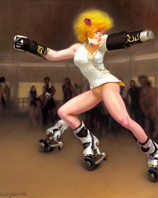 Prompt: a buff white female anthro wolf skating at a roller derby, 4 k, furaffinity, fursona, trending on artstation, energetic, speed, motion blur, by gaston bussiere, craig mullins, j. c. leyendecker, gustav klimt, artgerm, greg rutkowski, alphonse mucha