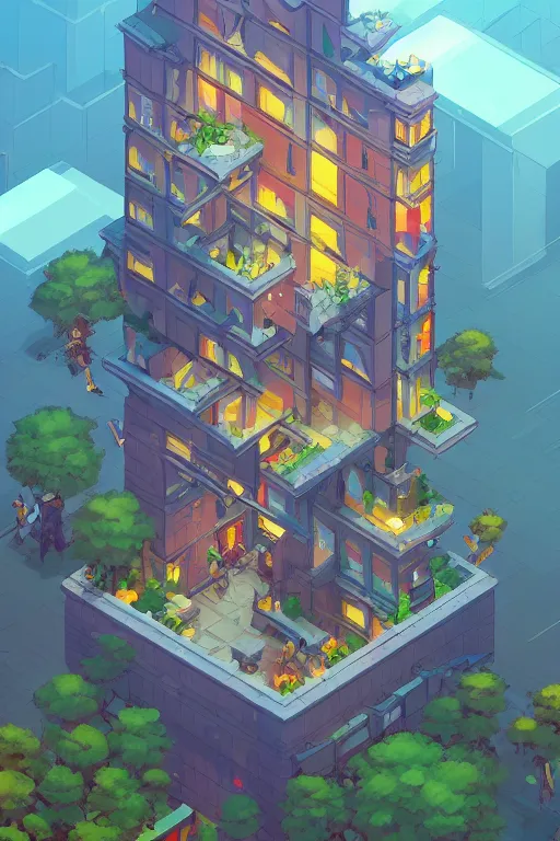 Image similar to Isometric pixelart building, by Jesper Ejsing, RHADS, Makoto Shinkai and Lois van baarle, ilya kuvshinov, rossdraws global illumination