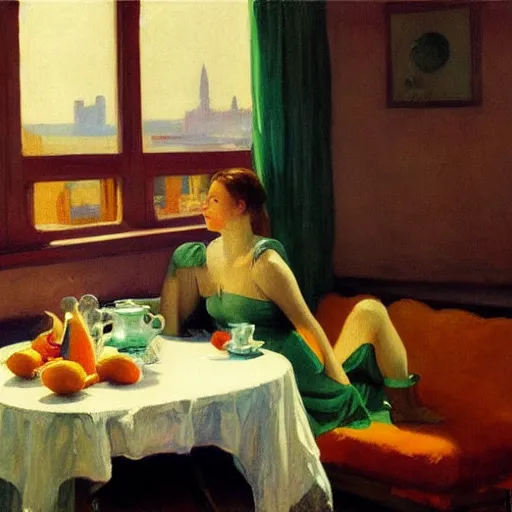 Image similar to oil painting of young lovers in shabby room by the river, with teapot and cups and bowl of oranges on table, and view through window of ship on river, by edward hopper, by frank mccarthy