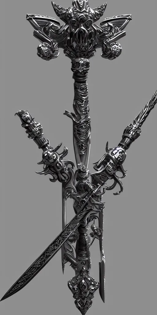 Prompt: a black and silver sword skull crest, ornament, weapon, a 3 d render by dom qwek, front side, concept art, trending on polycount, artstation, hard surface modeling, rendered in maya, zbrush, hd, vray, blizzard concept, symmetry