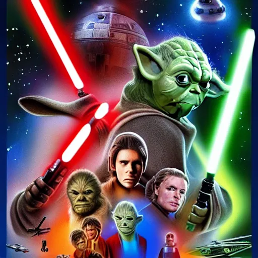 Image similar to poster for Star Wars but every character is Yoda