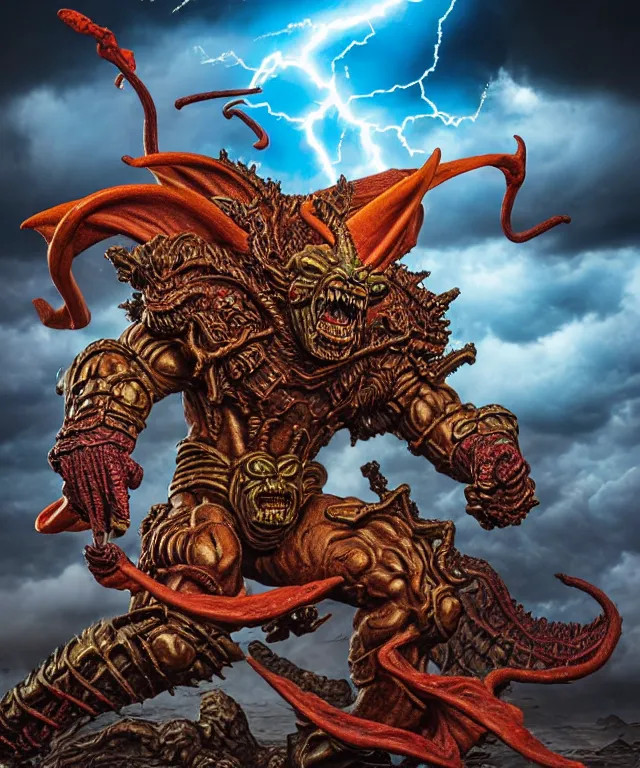 Image similar to hyperrealistic rendering, epic boss battle, ornate supreme demon overlord, by art of skinner and richard corben and jeff easley, product photography, action figure, sofubi, storm clouds, outside, lightning