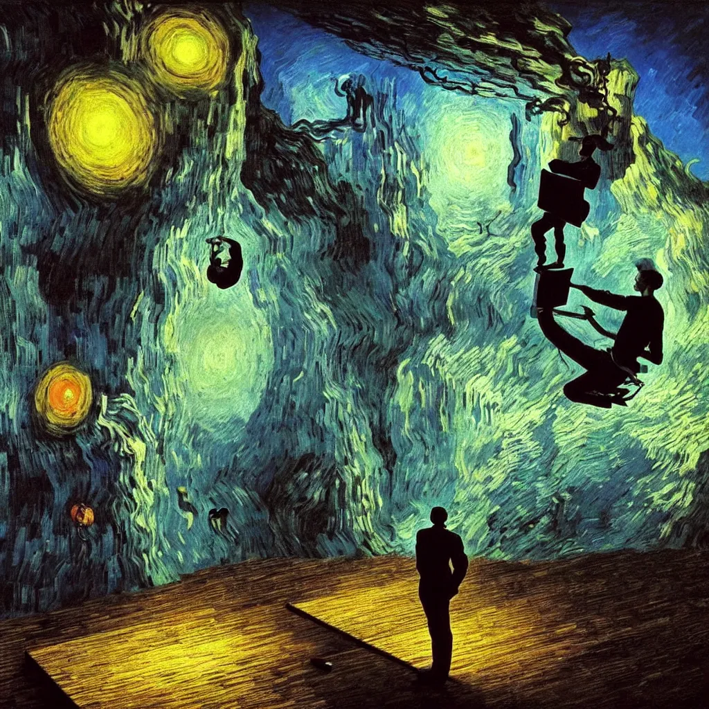 Image similar to A man programs A.I. on a laptop in a climbing gym - award-winning digital artwork by Salvador Dali, Beksiński, Van Gogh and Monet. Stunning lighting