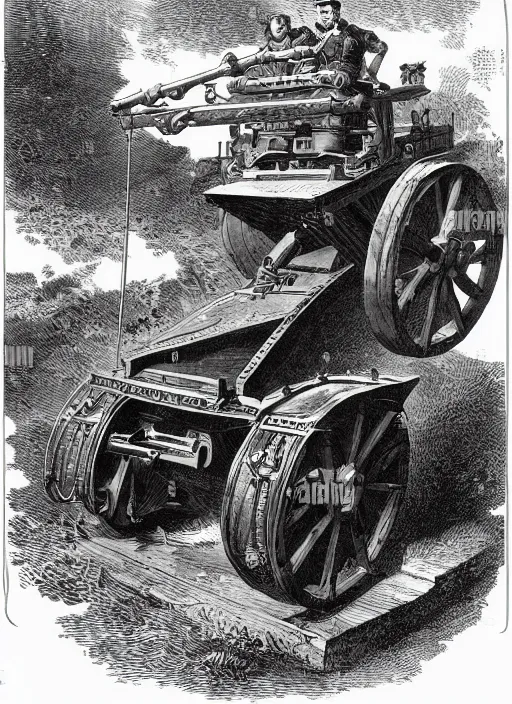 Prompt: 19th century wood-engraving of a steam powered Renault FT tank, whole page illustration from Jules Verne book, art by Édouard Riou Jules Férat and Henri de Montaut, frontal portrait, high quality, beautiful, highly detailed, removed watermarks