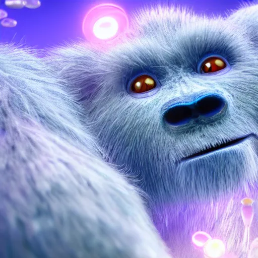 Image similar to tiny yeti cub, expressive eyes, floating, rbc, radiolaria, protophyta, micro - organisms, center frame, symmetric, rim light, marine microbiology, bioluminescence, electric, fur, soft, concept art, intricate details, highly detailed, colorful, photorealistic, disney pixar, octane render, iridescent, anime