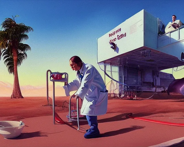Prompt: extremely greasy doctor slathering snake oil all over a patient's broken foot. It will surely be cured within the hour. Painting by Vince Ray and Syd Mead, 3D rendering by Beeple, directed by Robert Eggers