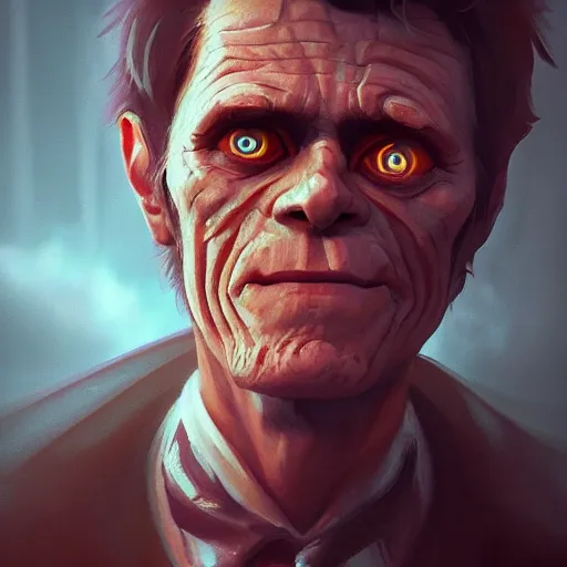 Image similar to portrait of willem dafoe the bogeyman, bleak and oppressive atmosphere, distress, mattepainting concept blizzard pixar maya engine on stylized background splash comics global illumination lighting artstation, sharp focus, lois van baarle, ilya kuvshinov, rossdraws