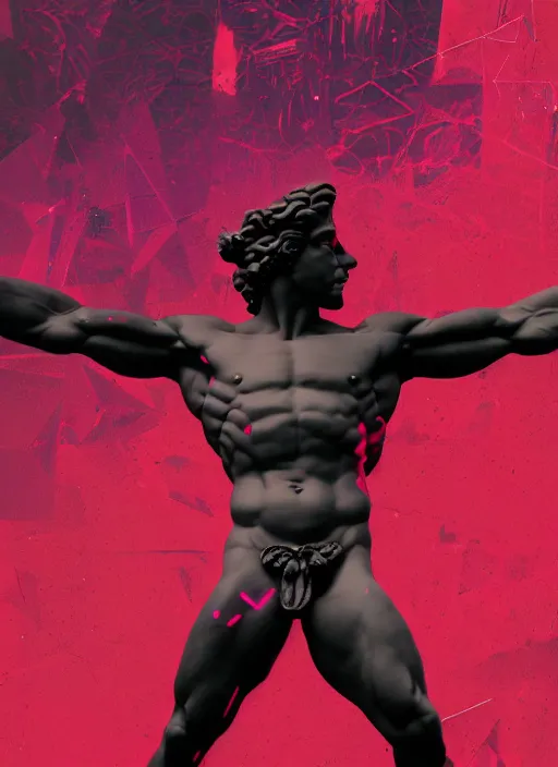 Image similar to black background with subtle red and purple design elements, statue of hercules, nekro, collage art, thin lines, dark, glitch art, neo vaporwave, gritty, layout frame, trending on artstation