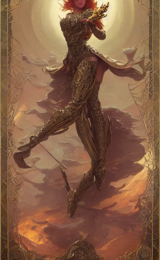 Image similar to playing card of ascending full body redhead goddess , intricate armor, highly detailed, glowing, action pose, cinematic, Art Deco, gold filigree, ethereal, artgerm, alfonso mucha, zdzisław beksiński, Andrei ryabovichev, Shaun tan, Chriss foss, Peter mohrbacher, 8k