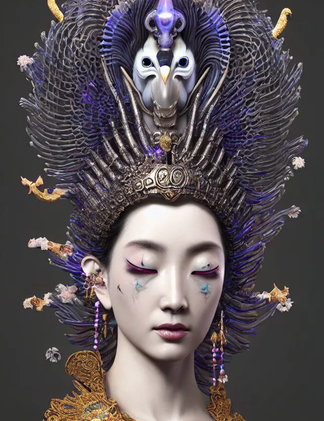 Image similar to 3 d goddess close - up profile portrait with crown, ram skull. beautiful intricately detailed japanese crow kitsune mask and clasical japanese kimono. betta fish, jellyfish phoenix, bio luminescent, plasma, ice, water, wind, creature, artwork by tooth wu and wlop and beeple and greg rutkowski