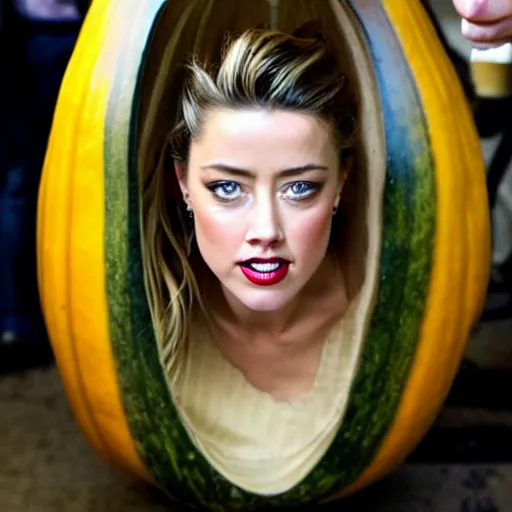 Image similar to amber heard emerging from inside a gourd