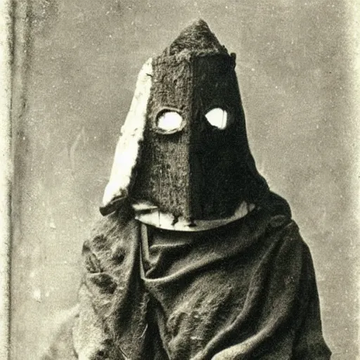 Prompt: hermit alchemist wearing scary headmask made of wood, 1900s photograph