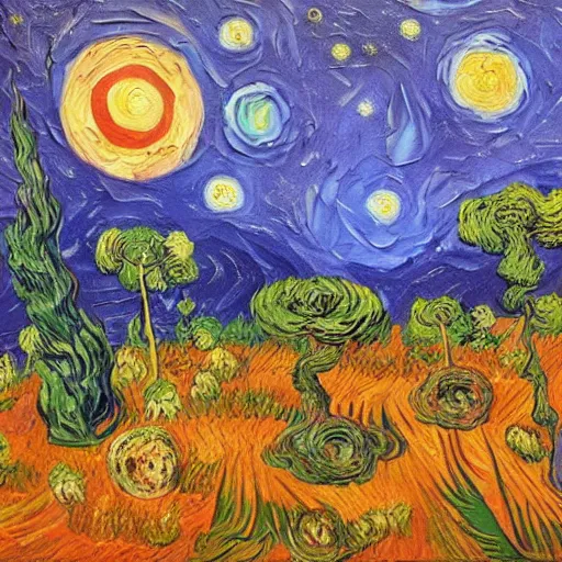 Image similar to a beautiful alien planet with plants and animals. Oil painting in the style of Van Gogh.
