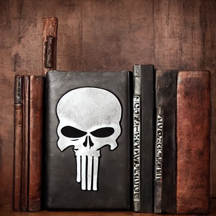 Prompt: ancient fantasy punisher library with punisher leather bound book showing page featuring punisher symbol. background light rays in dust