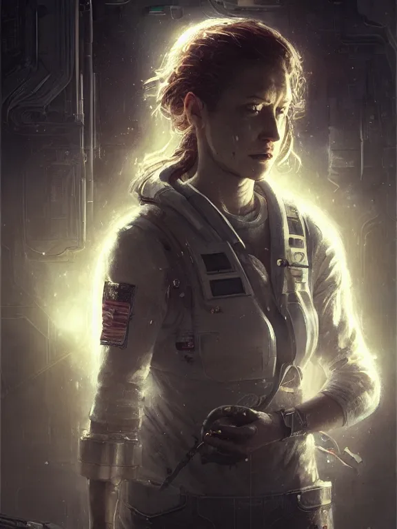 Prompt: portrait of a young female scientist from alien isolation, art by ryo shiotani and greg rutkowski, intricate, beautiful, cute, cinematic lighting, vintage art by serge ivanoff, high resolution, very detailed