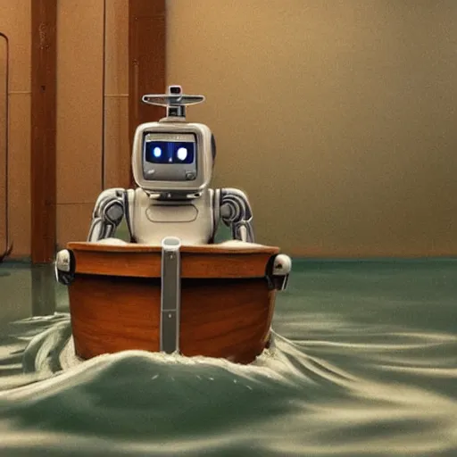 Prompt: a portrait of a robot in a boat, a roomfull of water,