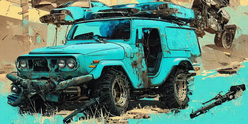 Image similar to digital illustration of a futuristic faded cyan mad max's fj 4 0 decrepit!!!! pursuit special, rusty!!! cyberpunk nissan fj cruiser heavily modded 1 9 9 0 s, the last v 8 interceptor by makoto shinkai, ilya kuvshinov, lois van baarle, rossdraws, basquiat