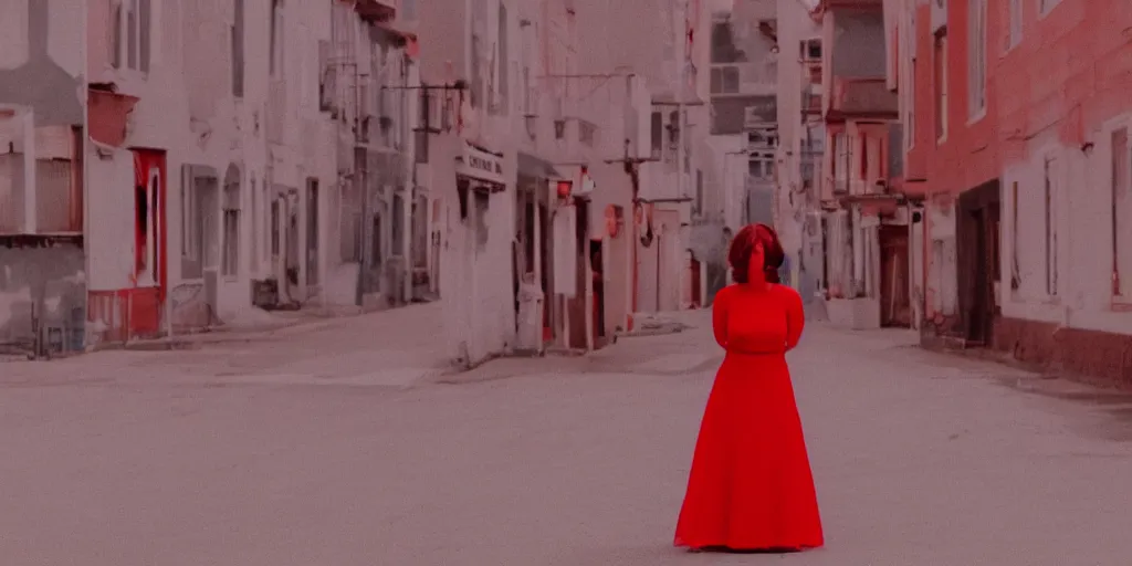 Prompt: a woman in a red dress standing in the middle of an empty town,beautiful,captivating,chromatic aberration