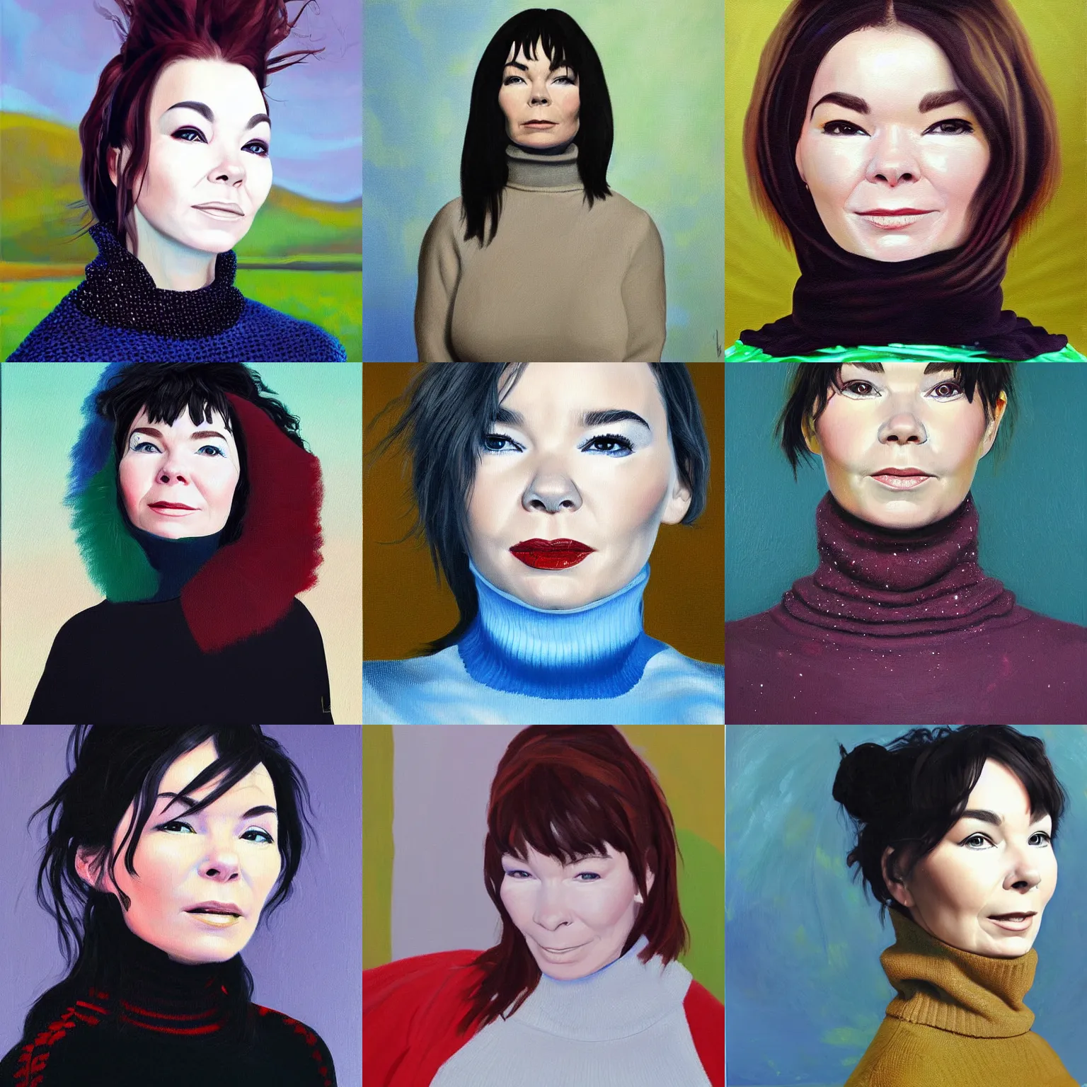 Prompt: detailed portrait of bjork wearing a turtleneck. beautiful painting, oil on canvas.