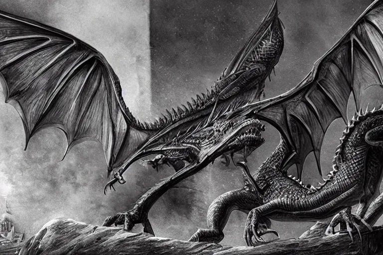 Prompt: Historical photo of Dragon from Game of Thrones in Russian Kremlin, photorealism