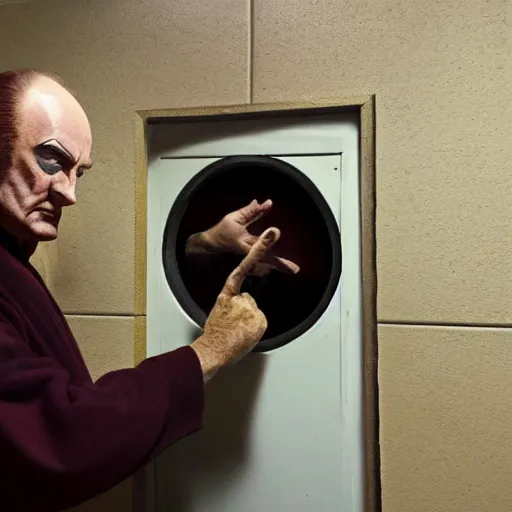 Prompt: portrait of Klingon Chancellor Gowron in full Klingon costume and makeup in a dirty gas station bathroom as he inspects a small round hole in the wall of the toilet stall