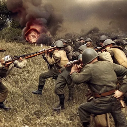 Image similar to ww 2 realistic photo battle scene, explosions