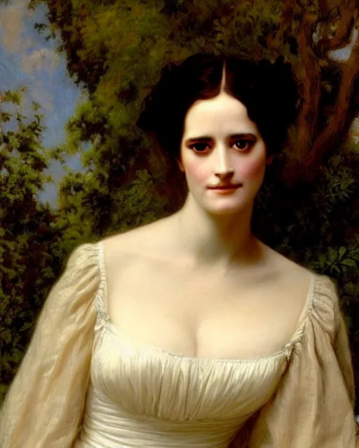 Prompt: portrait en buste of eva green vesper lynd vannessa ives by Hughes Merle, by Pierre Auguste Cot, perfectly detailed eyes, realistic fabric, moody, gothic