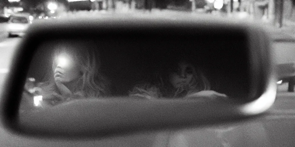 Image similar to a scary woman with black liquid coming down her eyes, seen through a car rear view mirror, it's in the back seat, shallow depth of field, cinematic, horror movie, 35MM shot, RED camera, volumetric, night time, street light