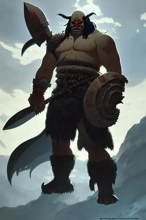 Image similar to orc barbarian wearing leather armor, full body shot, exquisite details, earth magic, mid view, design on a white background, by greg rutkowski, makoto shinkai, takashi takeuchi, studio ghibli