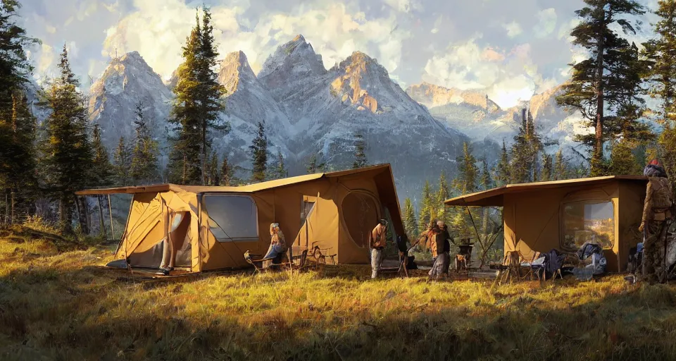 Image similar to cabela's beautiful comfortable community of modular insulated wall container home kit - house all weather military grade family dwelling tent house, person in foreground, mountainous forested wilderness open fields, beautiful views, painterly concept art, environmental concept art, concept art illustration, by james gurney, by craig mullins, by greg rutkowski trending on artstation