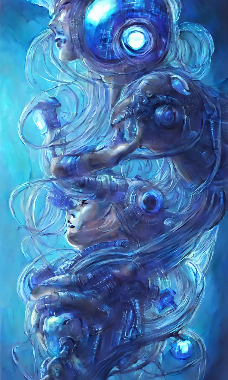 Prompt: detailed cyberpunk jellyfish, blue tones, underwater, full frame, highly detailed, digital painting, artstation, concept art, smooth, sharp focus, illustration, art by artgerm and greg rutkowski and alphonse mucha