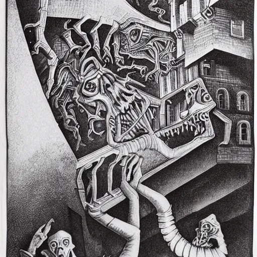 Image similar to high quality rendition of a horrifying man eater by m. c escher, m night shamalan, steven king and h. p. lovecraft. this will keep me up at night.