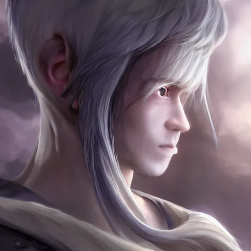 Prompt: a portrait of a handsome elven prince, white fringy hair, backlit, incredible lighting, strong rim light, subsurface scattering, realistic anime, by Heise Jinyao, Heise-Lian Yan Fang, Feimo, Richard Taddei, epic beautiful landscape, highly detailed, god rays, digital painting, HDRI, by marc simonetti, vivid colors, high contrast, 8k resolution, intricate, photorealistic