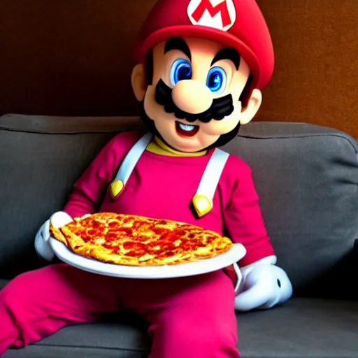 Prompt: Super Mario sitting on the couch eating pizza
