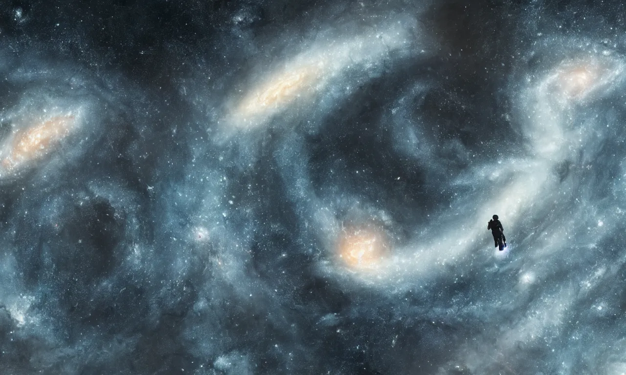 Prompt: spiral galaxy with astronaut hovering in field of view, 4K, by WLOP