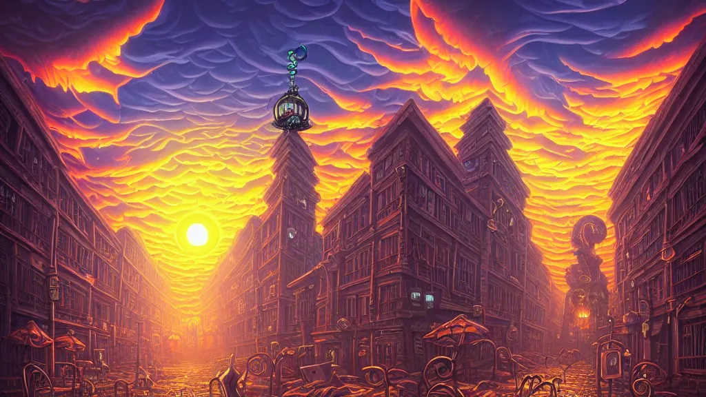 Prompt: empty lovecraftian Metropolis. cthulhu statue. lovecraftian city at sunset by cyril rolando and naomi okubo and dan mumford and ricardo bofill. lovecraft. cobbled streets. oil lamp posts. lovecraftian. sunset swirly sky.