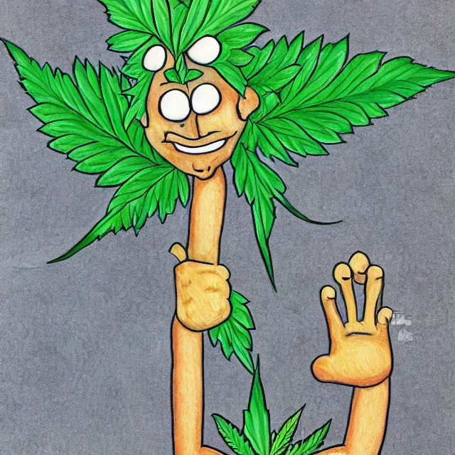 Prompt: cannabis leaf man with a face and arms and legs cartoon, colored pencil illustration