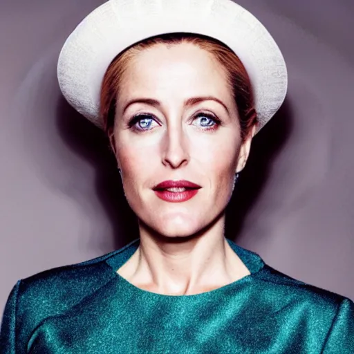 Image similar to photo of a gorgeous Gillian Anderson wearing a 1980s hat by Mario Testino, detailed, head shot, award winning, Sony a7R