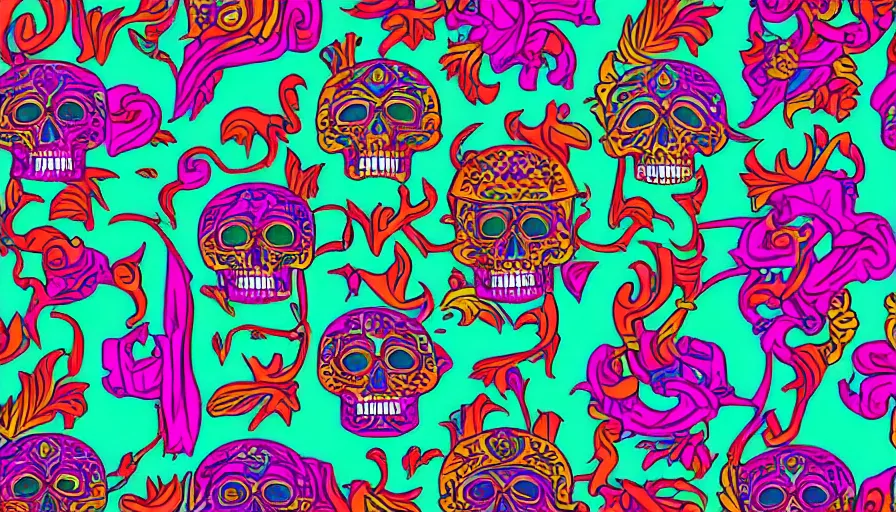 Prompt: single psychedelic aztec skull outrun style