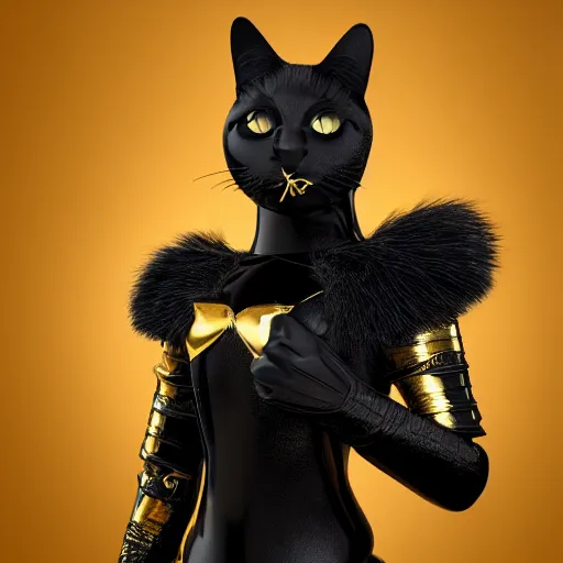 Prompt: a black cat wearing a gold armor outfit, a character portrait by hanns katz, shutterstock contest winner, afrofuturism, sci - fi medieval fantasy, 3 d render