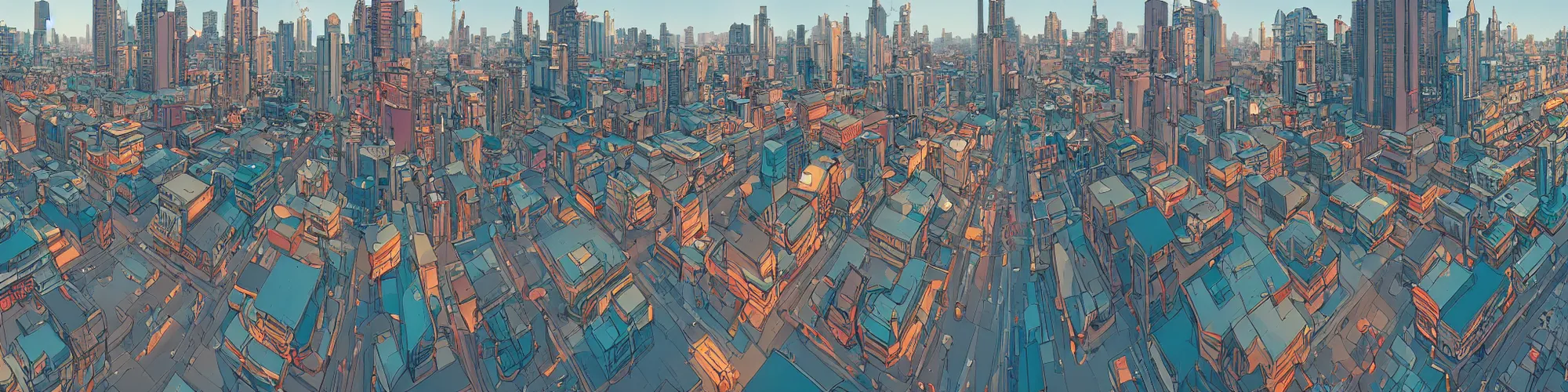 Image similar to panorama view of a city at street level, no cars. sharp focus, cinematic pose, cinematic lighting, unreal engine render. art by josan gonzales and moebius and deathburger.