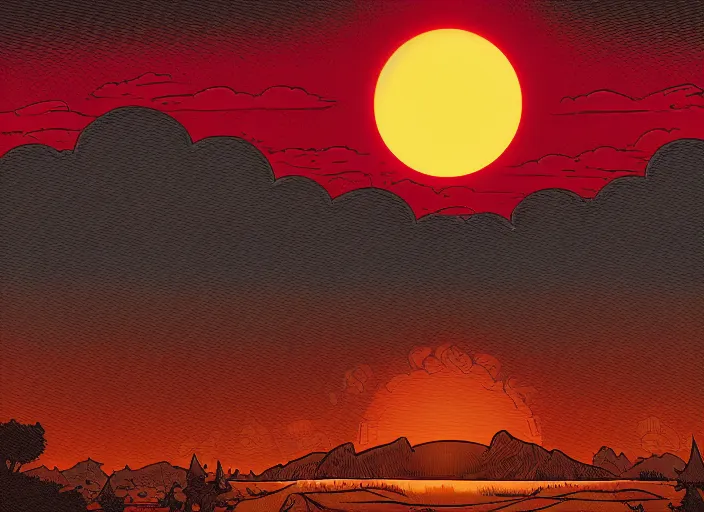 Prompt: an illustration of a red sun in a cloudy sky, an illustration by dan mumford, deviantart, apocalypse landscape, illustration