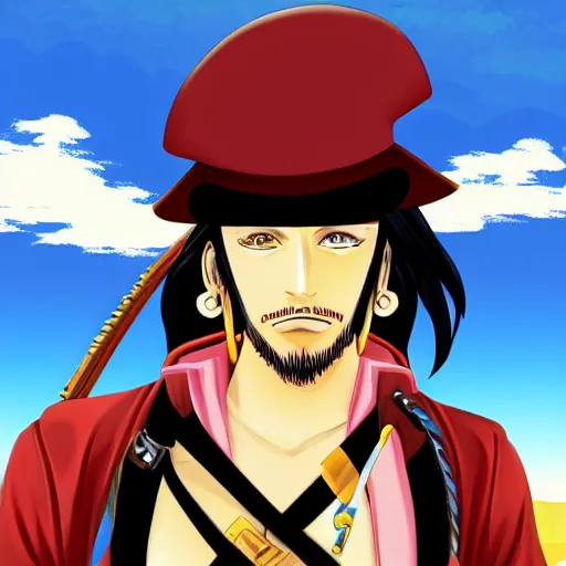 Image similar to Painting of an anime pirate captain in the middle of a desert, digital art (5px vector outline contour, anime shading)